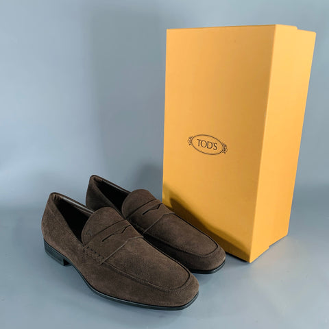 TOD'S Size 10.5 Dark Brown Suede Penny Slip On Loafers