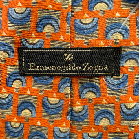 ERMENEGILDO ZEGNA One Size Orange Blue Abstract Silk Tie