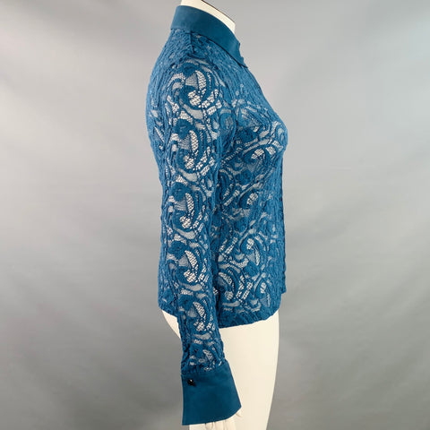 ANNE FONTAINE Size L Calisse Blue Polyamide Blend Lace French Cuff Blouse