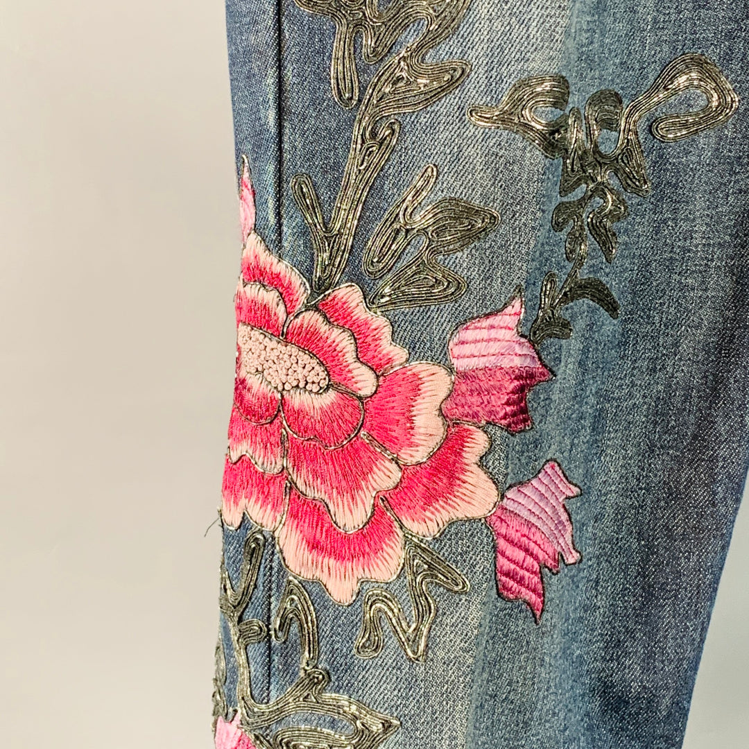 GUCCI by TOM FORD FW1999 Size 32 Indigo Purple Silver Floral Embroidery Denim Button Fly Jeans