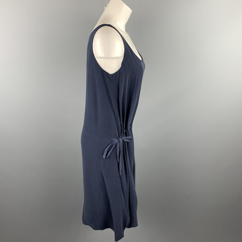 HANNOH Size 2 Navy Chiffon Silk / Cotton Gathered Tie Dress