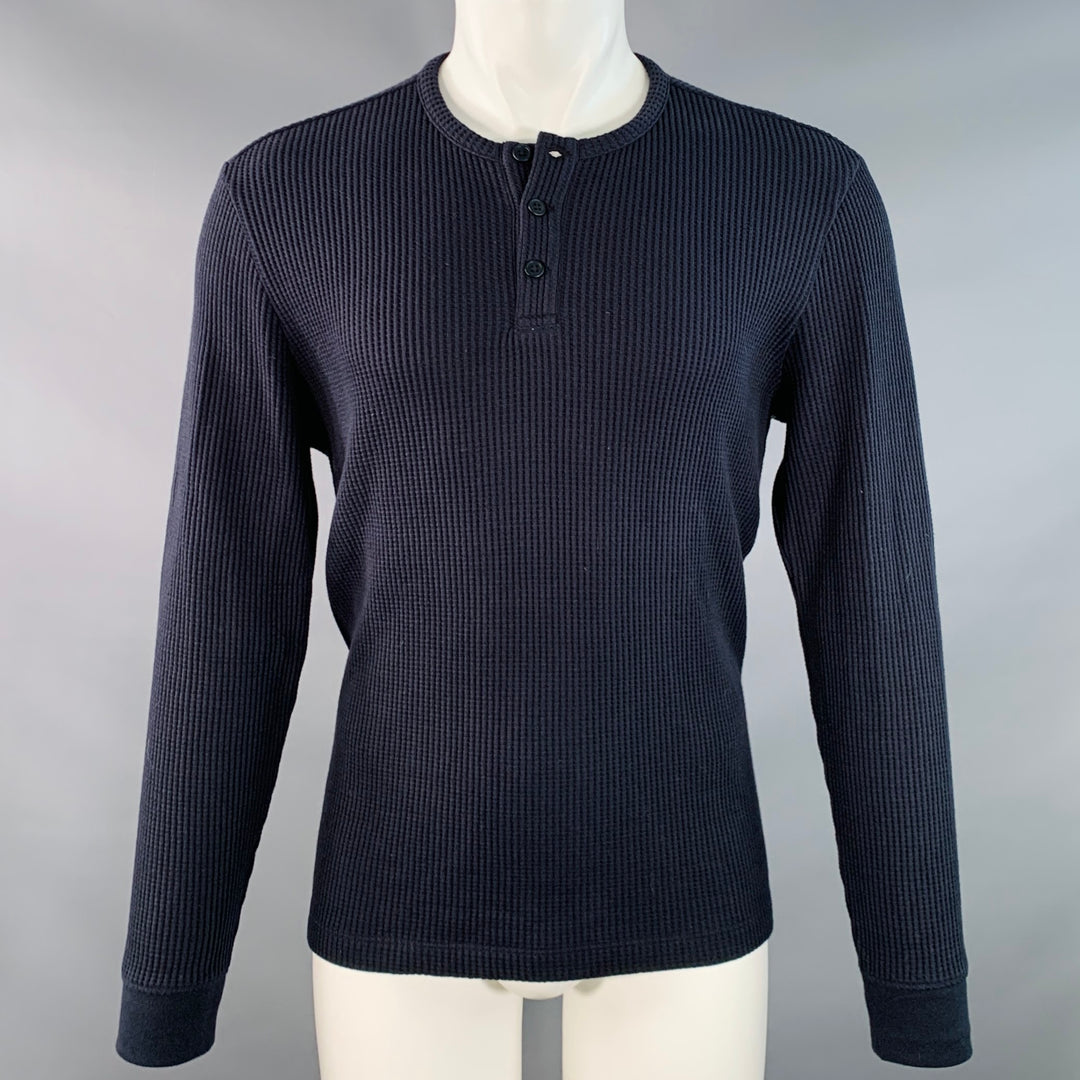 VINCE Size S Navy Waffle Knit Cotton Blend Henley Pullover