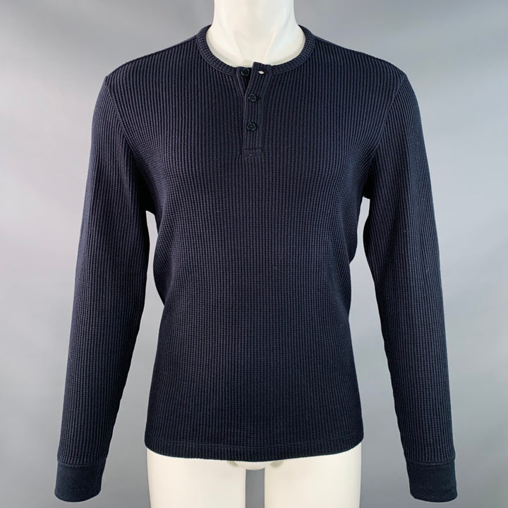 VINCE Size S Navy Waffle Knit Cotton Blend Henley Pullover