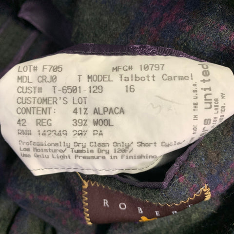 ROBERT TALBOTT Size 42 Regular Green Purple Plaid Alpaca Wool Sport Coat