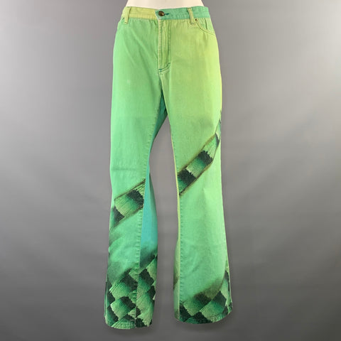 JUST CAVALLI Size 32 Green Black Cotton Blend Graphic Flared Jeans