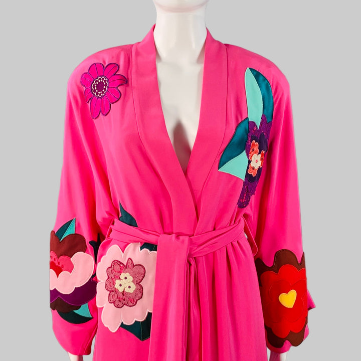 DOLCE & GABBANA Size 4 Pink Multi Color Silk Applique Belted Maxi Dress