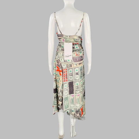 VAQUERA Size S Multi Color Polyester Money Print Ruched Asymmetrical Spaghetti Straps Dress