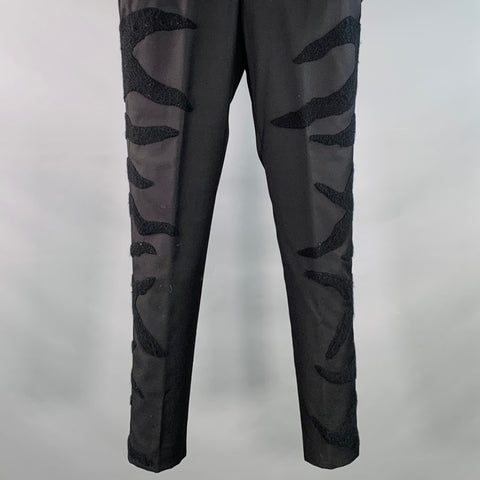 MAISON MARTIN MARGIELA Size 28 Black Twill Wool Flames Flat Front Dress Pants