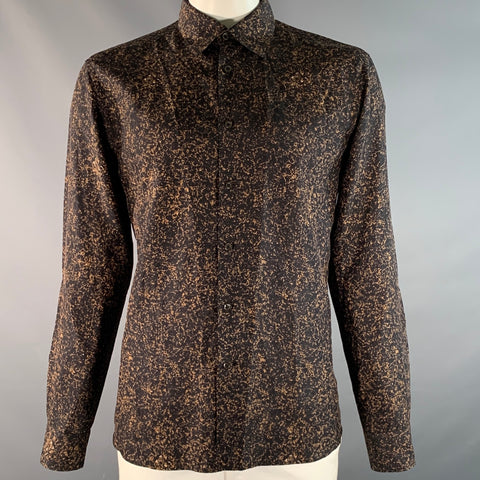 PRADA Size L Black Brown Marbled Silk Button Up Long Sleeve Shirt