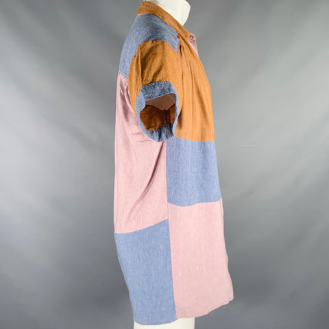 SESSU'N Size S Blue Purple Brown Linen Viscose Color Block Ruched Shirt