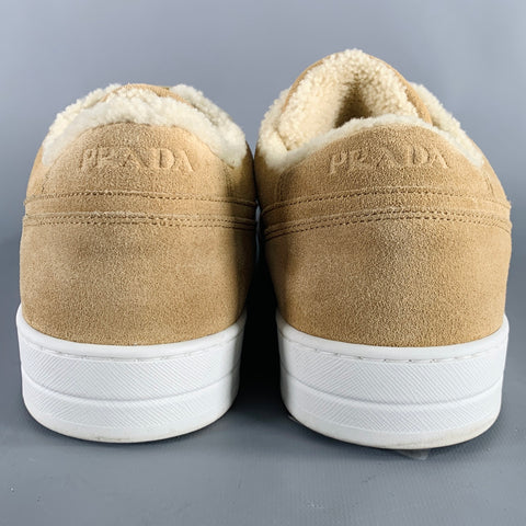 PRADA Size 12 Downtown Shearling Tan Suede Lace-Up Sneakers