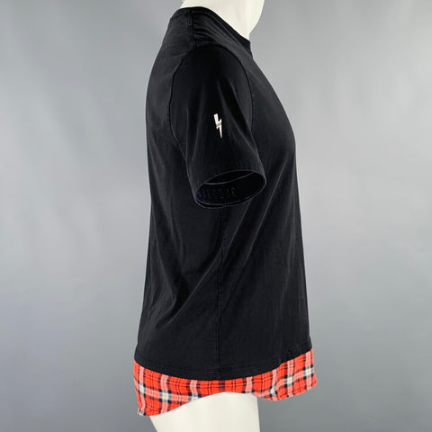 NEIL BARRETT Taille M Noir Rouge Mélange de Matières T-shirt Manches Courtes
