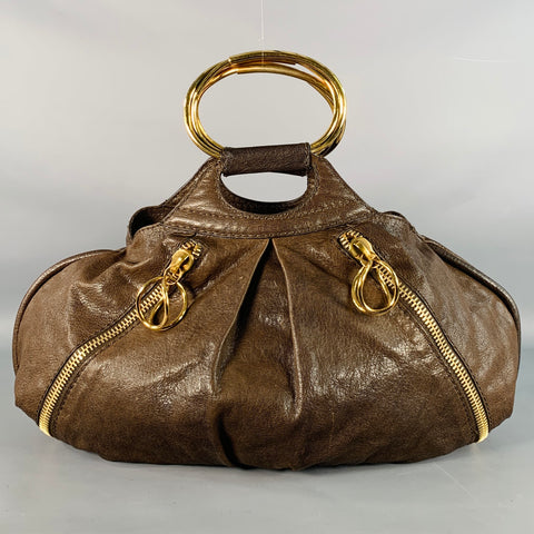 DONNA KARAN Brown Gold Goatskin Leather Top Handles Zippers Handbag