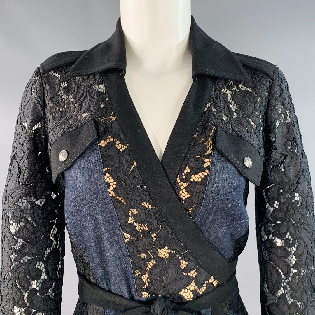 DIANE VON FURSTENBERG Size 4 Maggi Black Navy Cotton Blend Lace Long Sleeve Wrap Shirt Dress