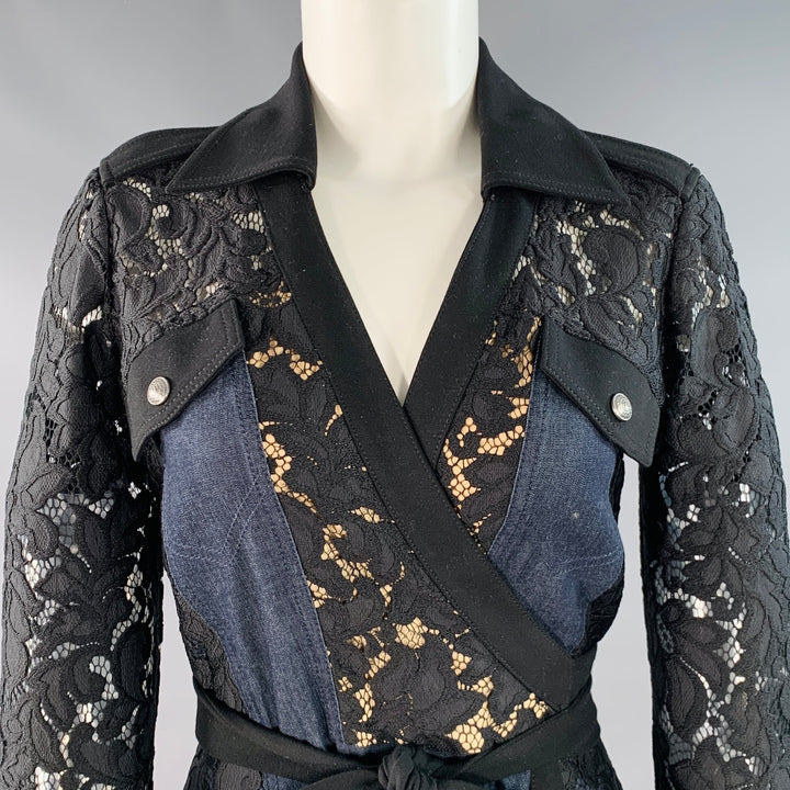DIANE VON FURSTENBERG Size 4 Maggi Black Navy Cotton Blend Lace Long Sleeve Wrap Shirt Dress