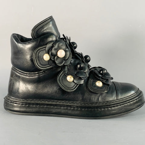 CHANEL Size 7 Black Leather Camellias Faux Pearls Applique High Top Sneakers
