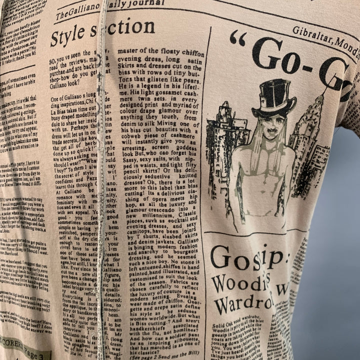 JOHN GALLIANO Size M Khaki Black Newspaper Cotton Blend Jersey Hooded Short Sleeve Shirt