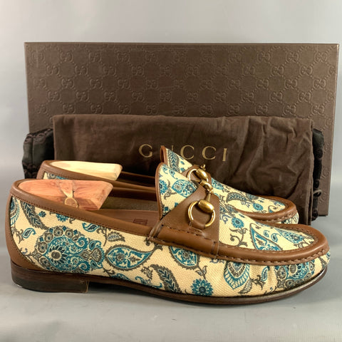 GUCCI Size 6.5 Cream Brown & Teal Paisley Mixed Fabrics Horsebit Loafers