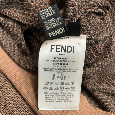 FENDI Taille L Pull à col rond en laine monogramme marron beige