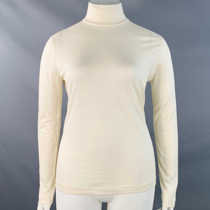 AKRIS Size 14 Off White Cashmere Silk Mock Neck Pullover