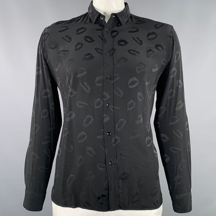SAINT LAURENT Size XL Black Jacquard Viscose Silk Lips Long Sleeve Shirt