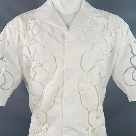 VALENTINO Size M White Lace Cotton Silk Hidden Placket Short Sleeve Shirt