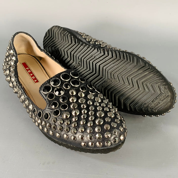PRADA Size 7.5 Black Silver Leather Studded Flats