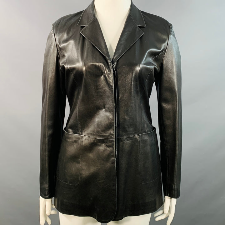 BALLY Size 12 Black Leather Hidden Buttons Jacket Blazer