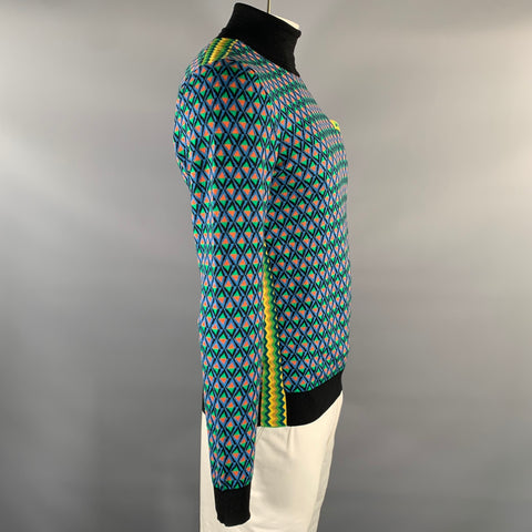 PRADA Size 42 Green Multi-Color Geometric Wool Poly Silk Cotton Sweater