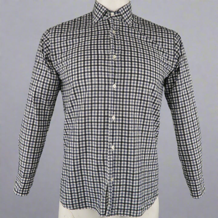 ETRO Size S Navy Checkered Cotton Button Up Long Sleeve Shirt
