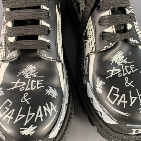 DOLCE & GABBANA Size 8 Black White Painted Chunky Lug Sole Combat Boots