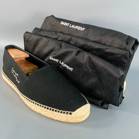 SAINT LAURENT Size 12 Black Natural Embroidered Logo Canvas Espadrille Sneakers