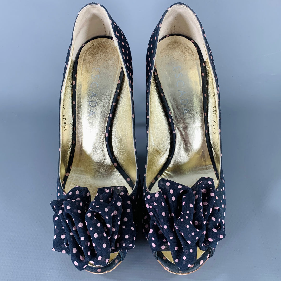ESCADA Size 8.5 Navy Pink Silk Polka Dot Leather Trim Open Toe Pumps