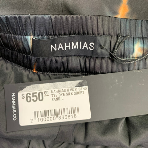 NAHMIAS Size L Black White Logo Silk Blend Joggers Shorts