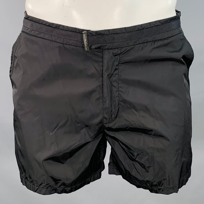 PRADA Size 34 Black Nylon Mesh Lined Zip Fly Swim Trunks
