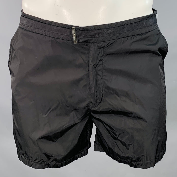PRADA Size 34 Black Nylon Mesh Lined Zip Fly Swim Trunks