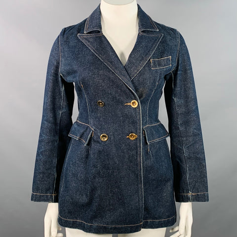 TODD OLDHAM JEANS Vintage 90s Size L Indigo Cotton Denim Contrast Stitch Double Breasted Coat