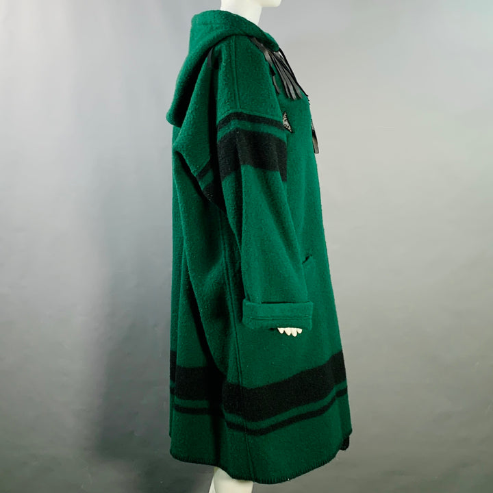 JEAN CHARLES DE CASTELBAJAC Size 2 Green Black Wool Leather Fringe Hooded Coat