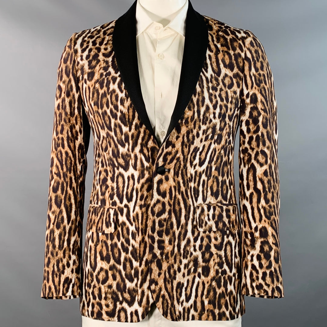 R13 Size L Brown Black White Animal Print Viscose Silk Shawl Collar Sport Coat