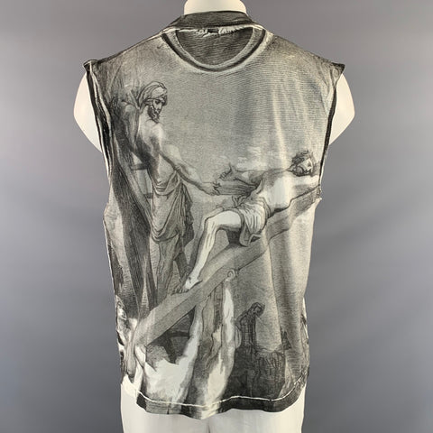 AZYRUM Size L White Grey Graphic Cotton Crew Neck Tank Top