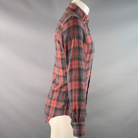 NAKED AND FAMOUS Size S Grey Burgundy Plaid Cotton One pocket Long Sleeve Shirt