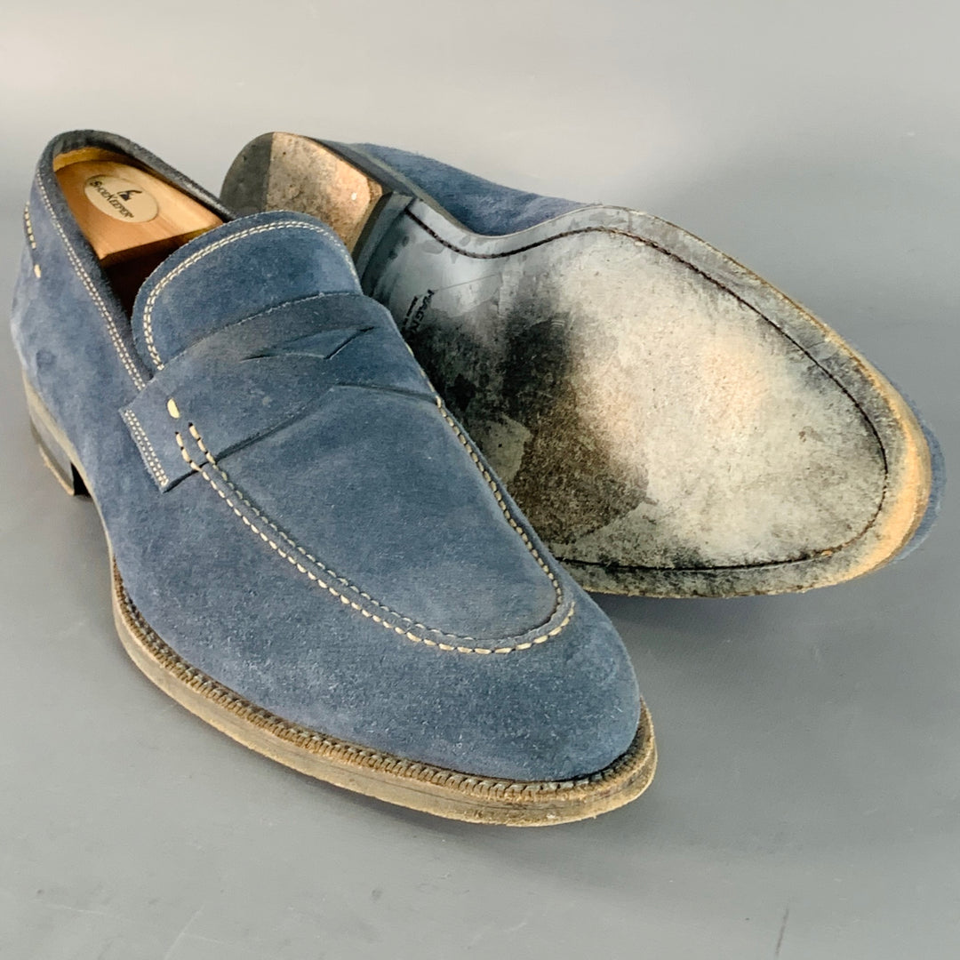 MAGNANNI Size 11 Blue Grey Contrast Stitch Suede Penny Loafers