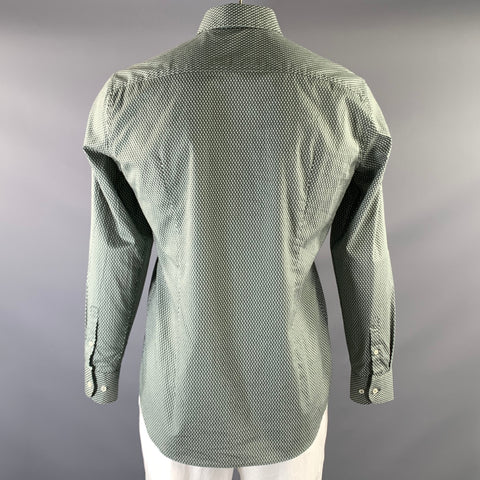BOSS by HUGO BOSS Size L Green White Geometric Cotton Blend Long Sleeve Shirt