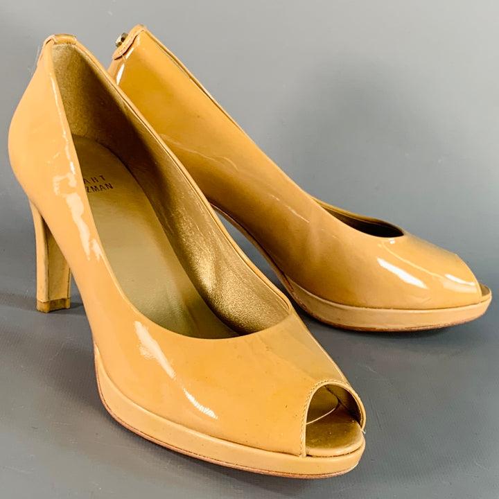 STUART WEITZMAN Size 7 Tan Patent Leather Peep Toe Pumps