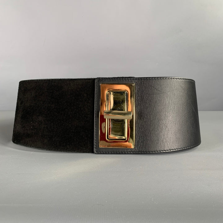 SUZI ROHER Waist Size S Black Gold Mixed Materials Suede Leather Stretch Belt