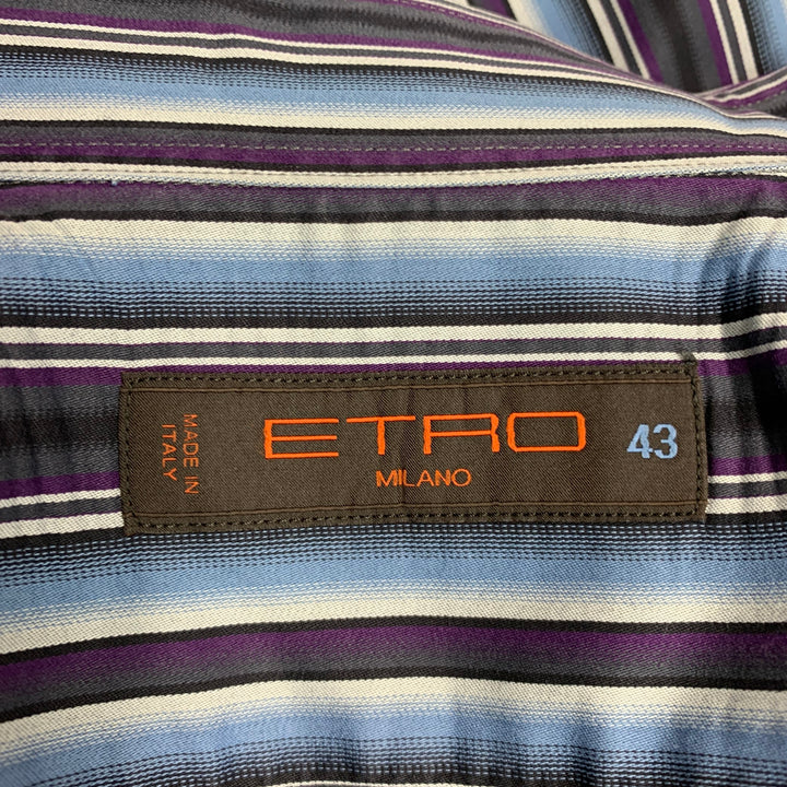ETRO Camisa de manga larga con botones de algodón a rayas azules y moradas talla L