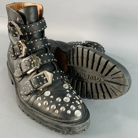 GIVENCHY Size 8 Black Studded Leather Belted Ankle Boots