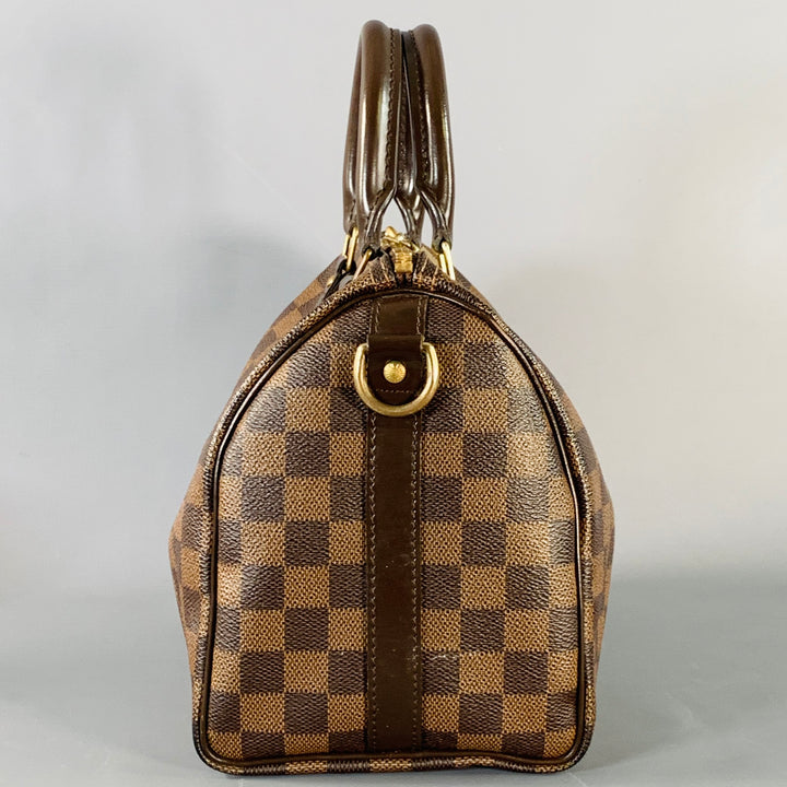 LOUIS VUITTON Ebene Speedy Bandouliere 25 Brown Tan Damier Leather Trim Canvas Handbag