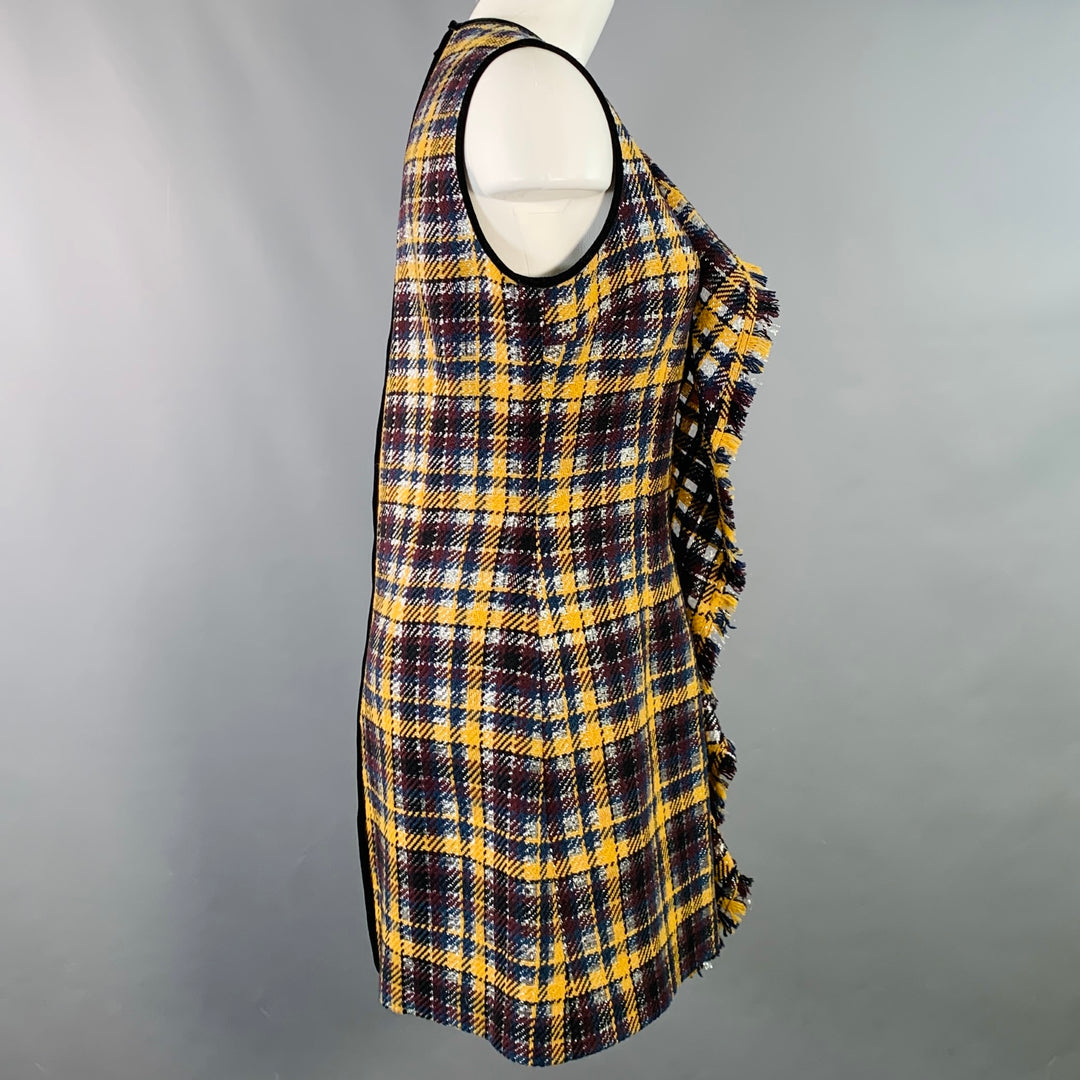 MSGM Size 8 Yellow Black Silver Wool Blend Ruffle Plaid Mini Dress