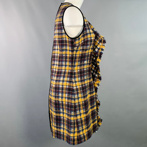 MSGM Size 8 Yellow Black Silver Wool Blend Ruffle Plaid Mini Dress